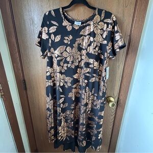 NWT LuLaRoe Carly Swing Dress Black & Rose Gold Metallic Floral Print Hi-Low XL